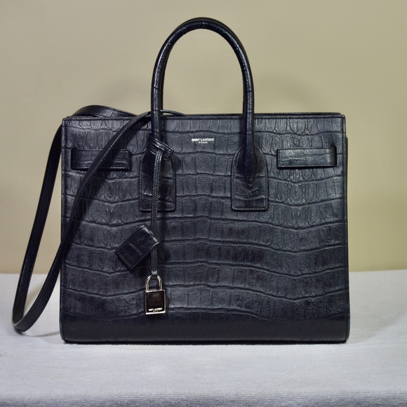 Yves Saint Laurent Handbags - Saint Laurent Sac de Jour Crocodile Embossed Black Leather Satchel
